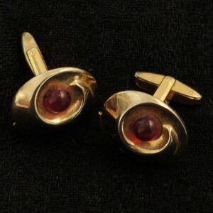 Vintage Foster Cufflinks Gold Tone Red Cabochon Swirl MCM Atomic Pair